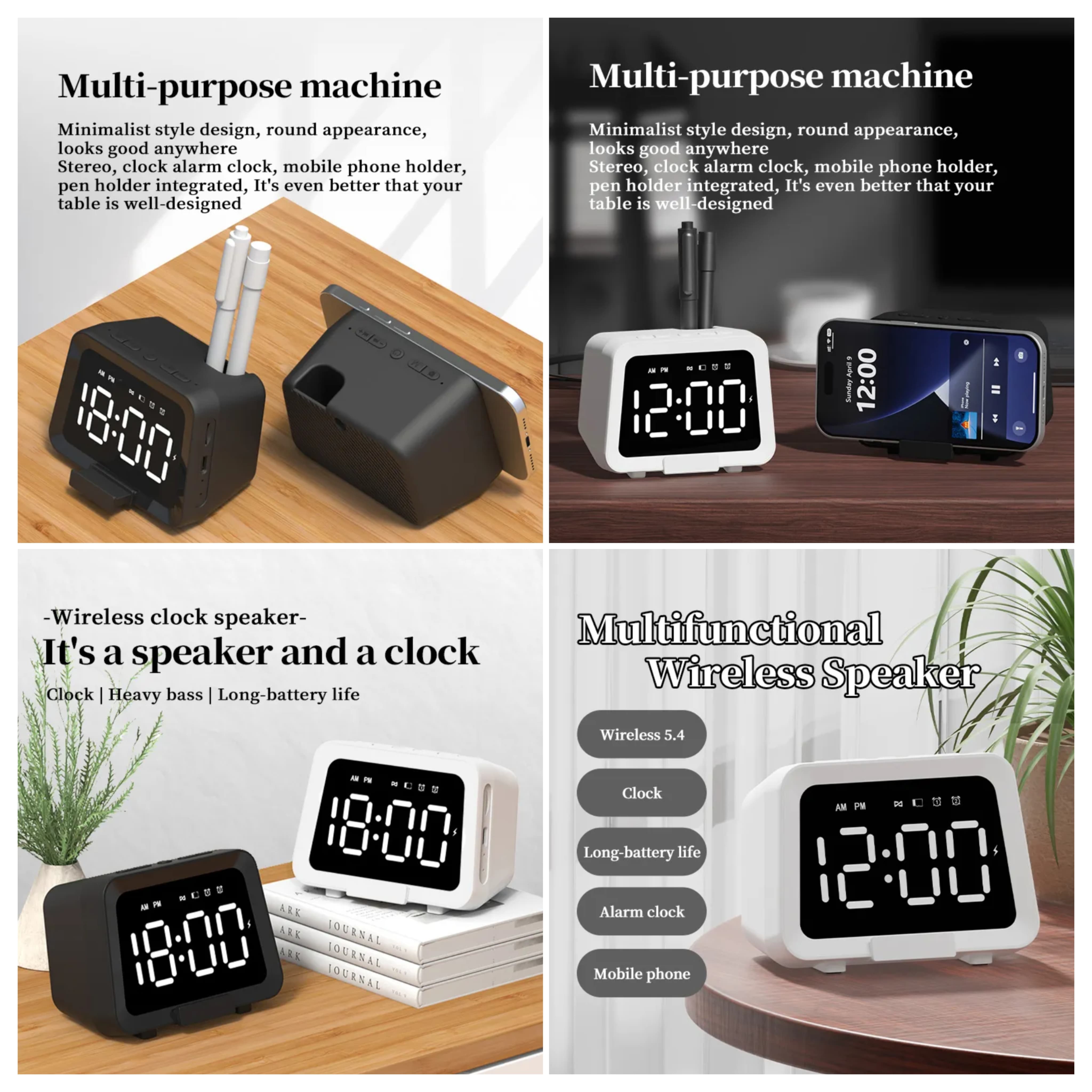 Multifunction Wireless Clock Speaker with Phone & Pen Stand